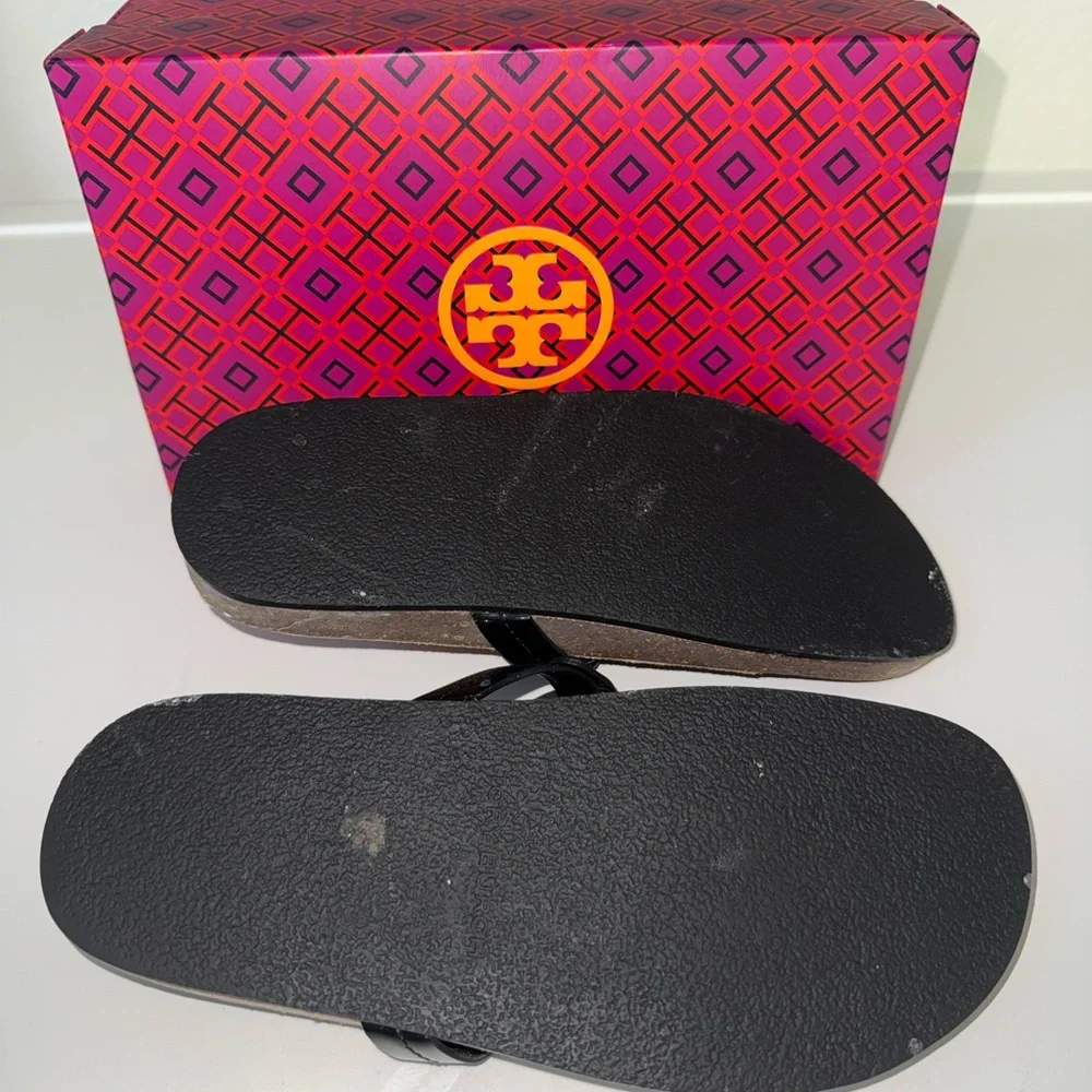 Tory Burch Women's Miller Cloud Sandals Black Patent Leather Natural Size 8